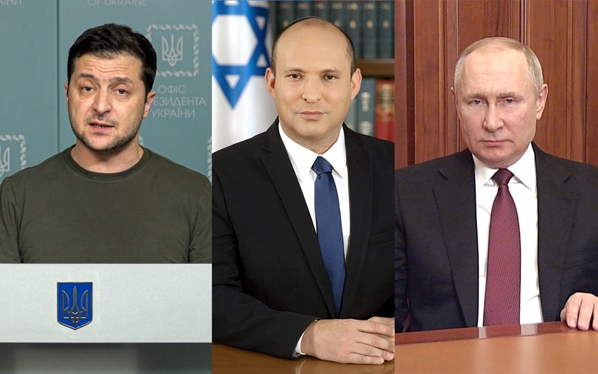  Thủ tướng Israel Naftali Bennett (giữa) đã nhiều lần trao đổi với Tổng thống Ukraine Volodymyr Zelensky (bên trái) và Tổng thống Nga Vladimir Putin. Ảnh: AP