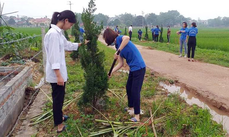  Các đoàn viên, thanh niên cuốc hố, trồng cây dọc tuyến đường.