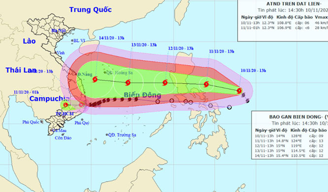  Vị trí và hướng di chuyển của bão Vamco. (Nguồn: nchmf.gov.vn)